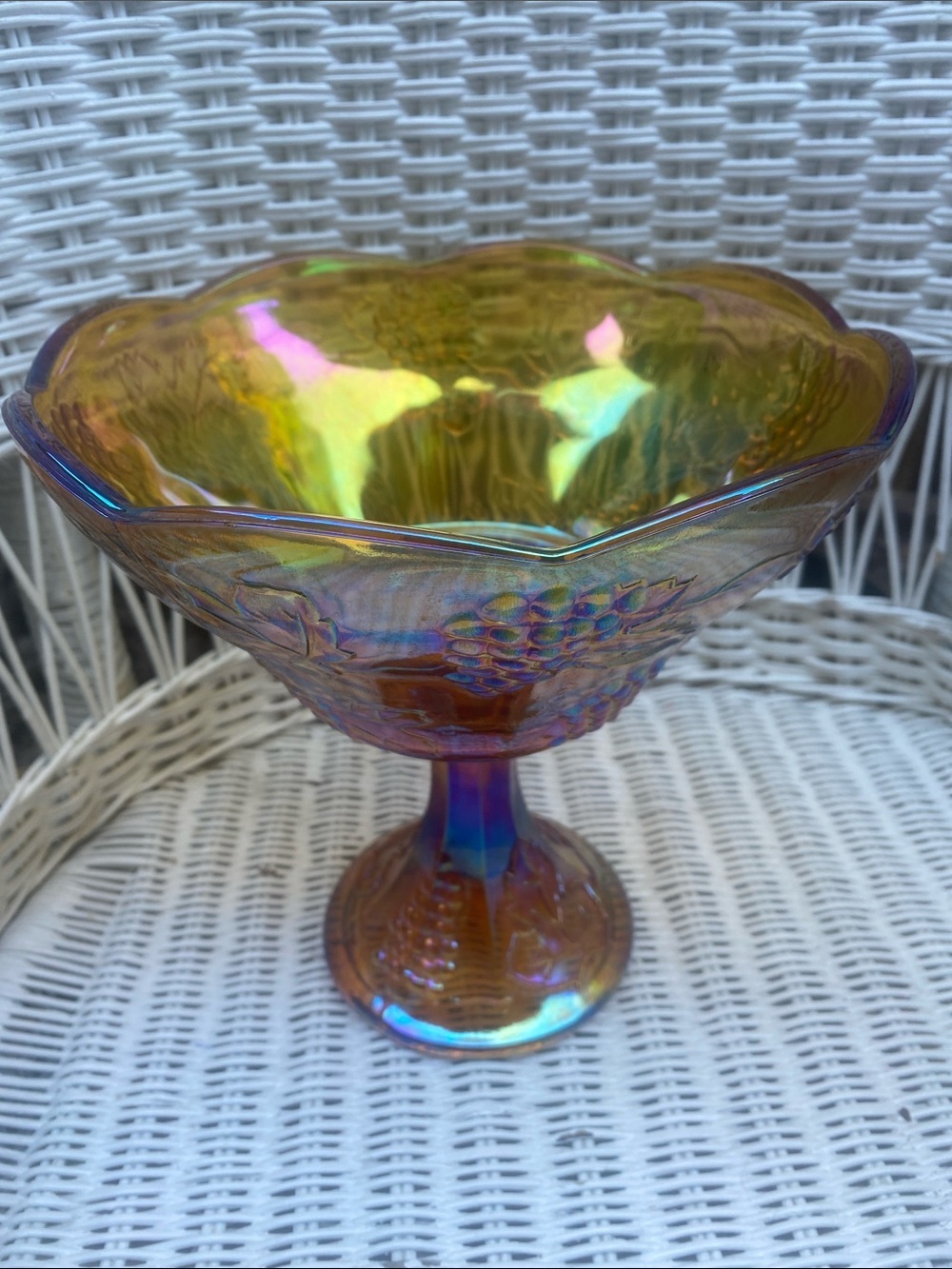 Vintage Amber Iridescent Gold
Carnival Indiana Glass Harvest
Pedestal Bowl - Picture 1 of 16